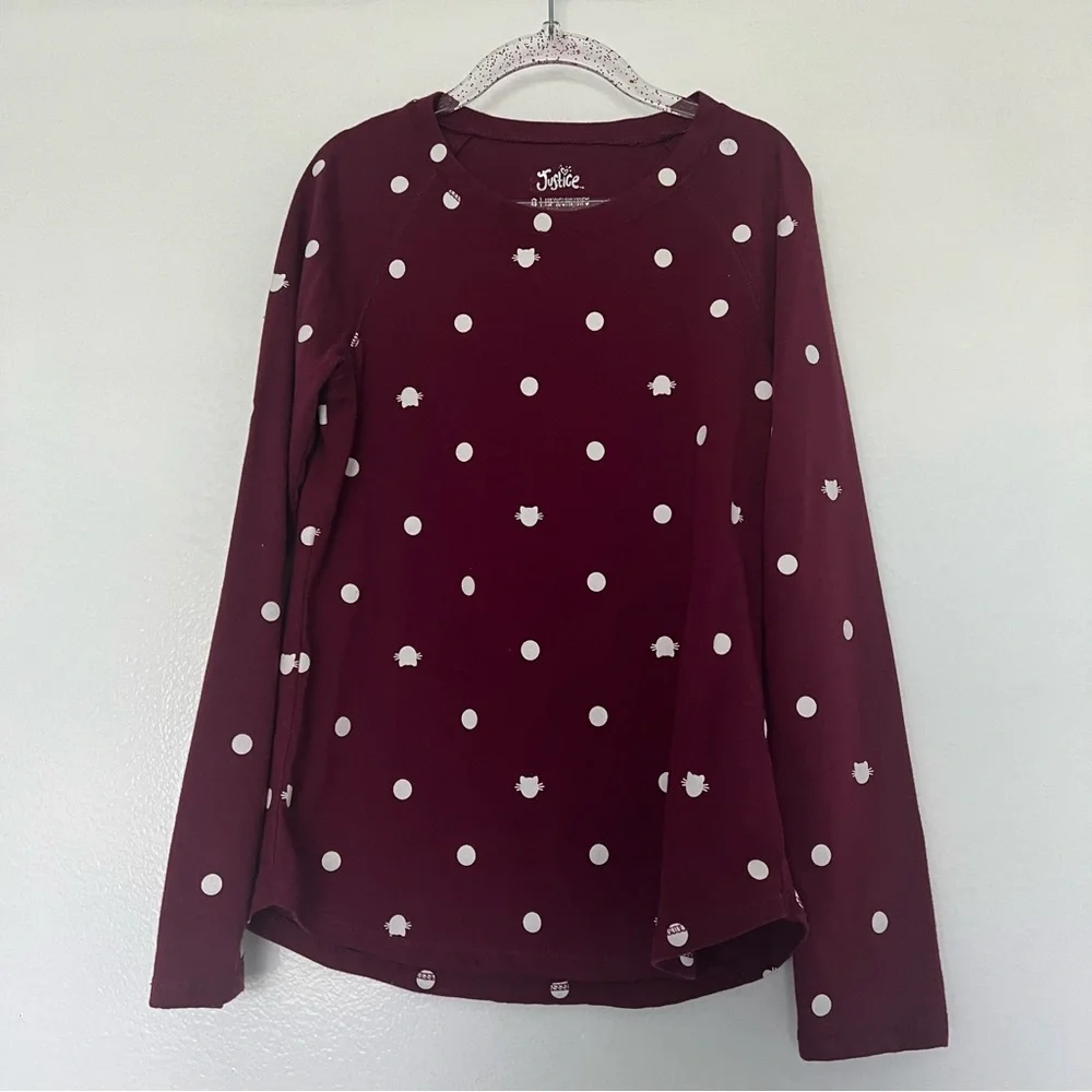 Justice Long Sleeve Tee Maroon Cat polka‎ dot Size 8